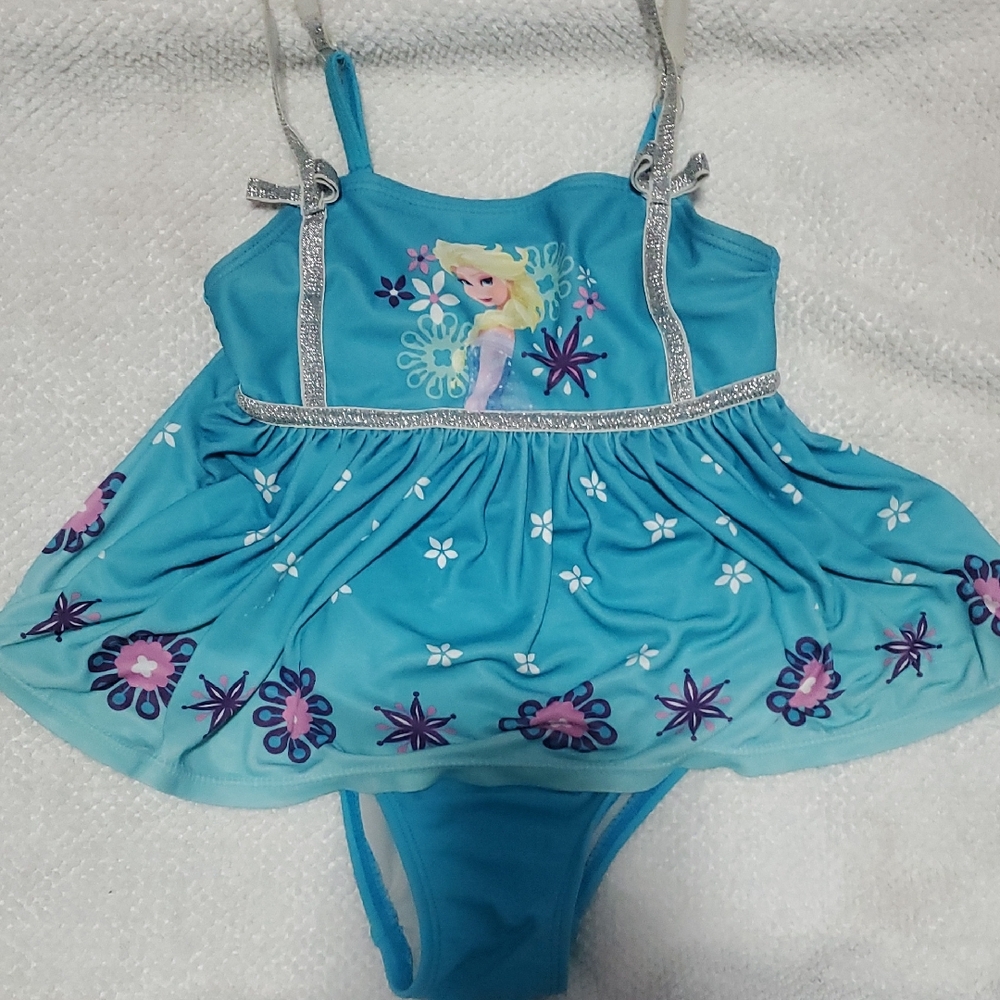 Disney Turquoise Elsa Floral Swim Dress with Silver Glitter Straps